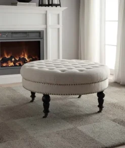 Kirkland's Home Charlotte Tufted Round Natural Ottoman- Benches & Ottomans