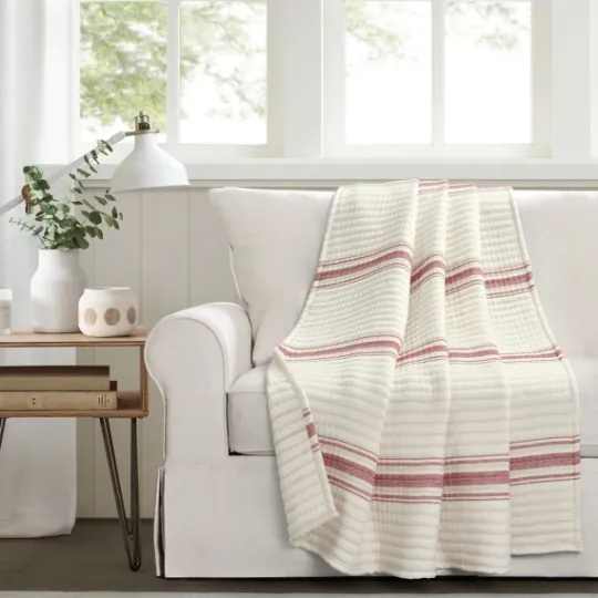 Kirkland's Home Cherry Red Pick Stitch Stripe Decorative Throw- Blankets & Throws