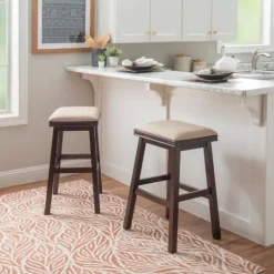 Kirkland's Home Chestnut Wood Upholstered Leather Bar Stool- Bar Stools & Counter Height Stools