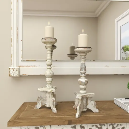 Kirkland's Home Chipped Wood Pillar Candle Holders, Set Of 2- Candle Holders