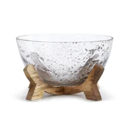 Kirkland's Home Clear Bubbled Glass Bowl On Wood Stand- Decorative Bowls & Jars