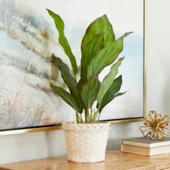 Kirkland's Home Coastal Foliage In Woven Bamboo Planter- Arrangements & Greenery