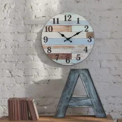 Kirkland's Home Coastal Worn Blue And White Wooden Wall Clock- Clocks