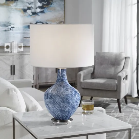 Kirkland's Home Cobalt Blue Swirl Carved Glass Table Lamp- Table Lamps