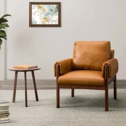 Kirkland's Home Cognac Faux Leather And Wood Accent Chair- Accent Chairs