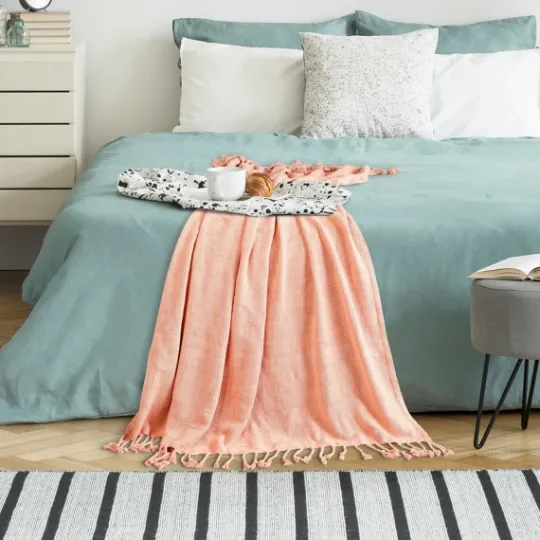 Kirkland's Home Coral Checkered Weave Fringe Throw- Blankets & Throws