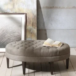 Kirkland's Home Cory Tufted Beige Linen Ottoman- Benches & Ottomans