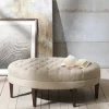 Kirkland's Home Cory Tufted Natural Linen Ottoman- Benches & Ottomans