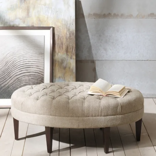 Kirkland's Home Cory Tufted Natural Linen Ottoman- Benches & Ottomans