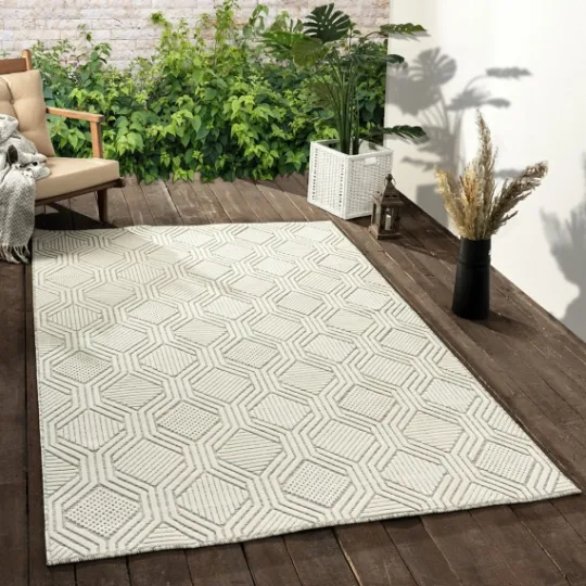 Kirkland's Home Cream And Blue Geo Indoor/Outdoor Area Rug, 7X9- Outdoor Rugs