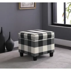 Kirkland's Home Cream Buffalo Plaid Upholstered Storage Ottoman- Benches & Ottomans