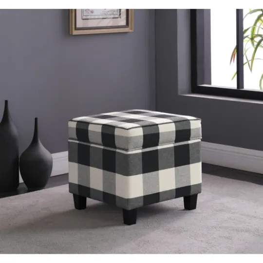 Kirkland's Home Cream Buffalo Plaid Upholstered Storage Ottoman- Benches & Ottomans