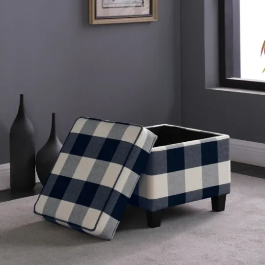 Kirkland's Home Cream Buffalo Plaid Upholstered Storage Ottoman- Benches & Ottomans