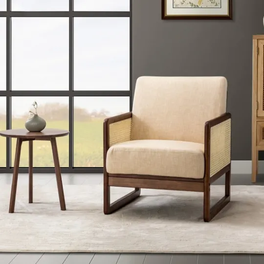 Kirkland's Home Cream Mahogany Finish Cane Panel Accent Chair- Accent Chairs