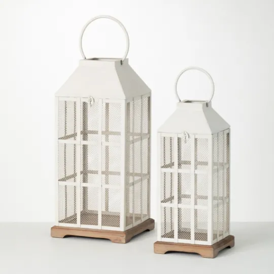 Kirkland's Home Cream Metal Paned Wood Base Lanterns, Set Of 2- Lanterns