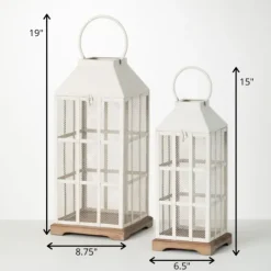 Kirkland's Home Cream Metal Paned Wood Base Lanterns, Set Of 2- Lanterns