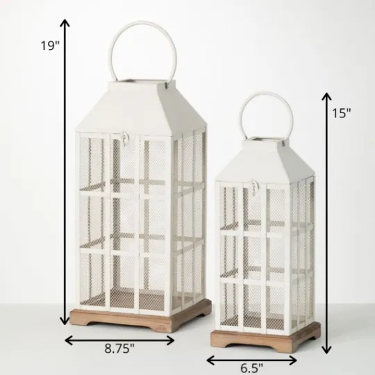 Kirkland's Home Cream Metal Paned Wood Base Lanterns, Set Of 2- Lanterns