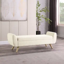 Kirkland's Home Cream Sherpa And Wood Storage Bench- Benches & Ottomans