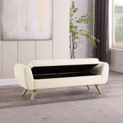 Kirkland's Home Cream Sherpa And Wood Storage Bench- Benches & Ottomans