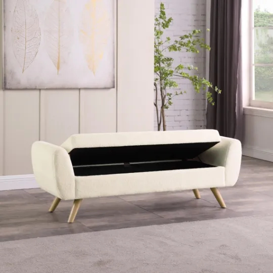 Kirkland's Home Cream Sherpa And Wood Storage Bench- Benches & Ottomans