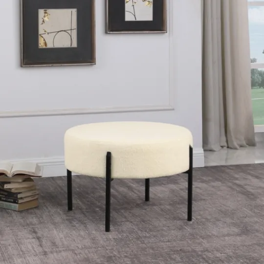 Kirkland's Home Cream Sherpa Upholstered Metal Ottoman- Benches & Ottomans