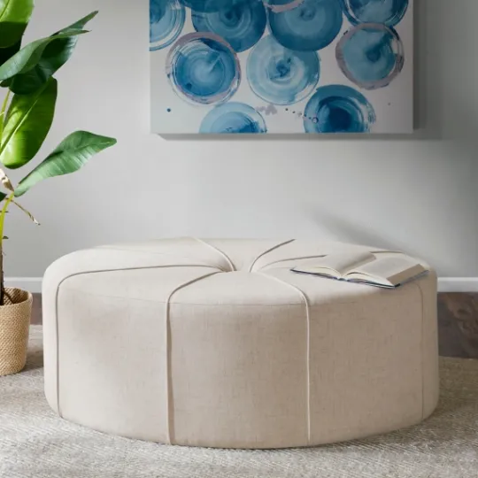 Kirkland's Home Cream Thick Welting Center Button Oval Ottoman- Benches & Ottomans