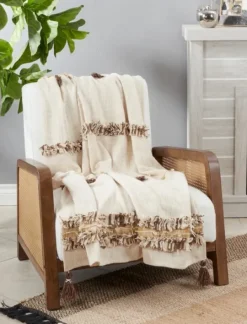 Kirkland's Home Cream With Brown Accents Throw Blanket- Blankets & Throws