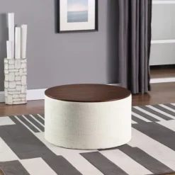 Kirkland's Home Cream Woven Wood Top Storage Ottoman- Benches & Ottomans