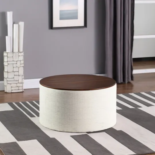 Kirkland's Home Cream Woven Wood Top Storage Ottoman- Benches & Ottomans