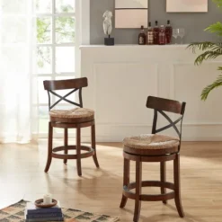 Kirkland's Home Dark Brown Wood And Seagrass Swivel Counter Stool- Bar Stools & Counter Height Stools