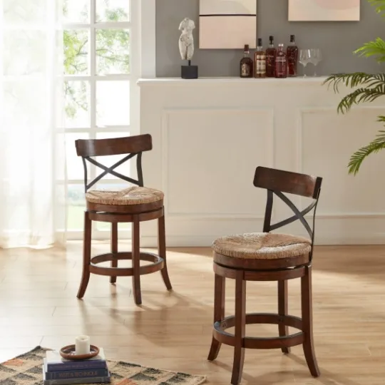 Kirkland's Home Dark Brown Wood And Seagrass Swivel Counter Stool- Bar Stools & Counter Height Stools