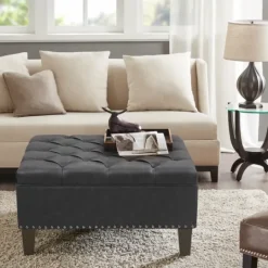 Kirkland's Home Dark Espresso Button Tufted Leather Ottoman- Benches & Ottomans