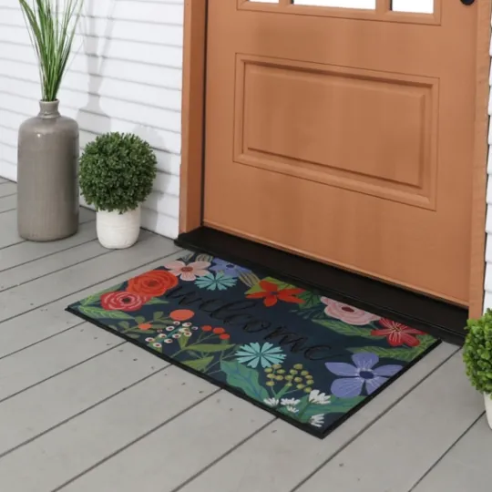 Kirkland's Home Dark Floral Welcome Rubber Doormat- Doormats