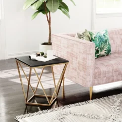Kirkland's Home Dark Marble And Gold Geometric Accent Table- Accent & End Tables