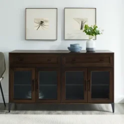 Kirkland's Home Dark Oak Fluted Glass Sideboard Cabinet- Cabinets & Sideboards