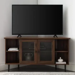 Kirkland's Home Dark Walnut Glass Door Corner Tv Stand- Tv Stands & Media Consoles