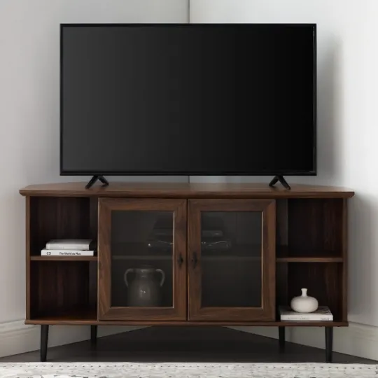 Kirkland's Home Dark Walnut Glass Door Corner Tv Stand- Tv Stands & Media Consoles