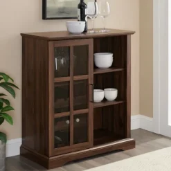 Kirkland's Home Dark Walnut Sliding Glass Door Bar Cabinet- Cabinets & Sideboards