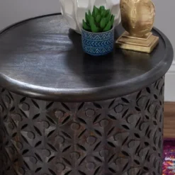 Kirkland's Home Dark Wood Carved Medallion Accent Table- Accent & End Tables
