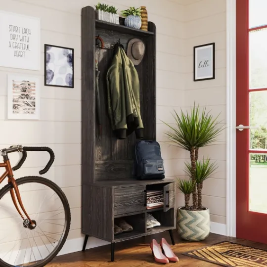 Kirkland's Home Dark Wood Grain Hall Tree With Bench- Entryway Furniture