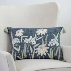Kirkland's Home Denim Floral Embroidered Lumbar Throw Pillow- Pillows