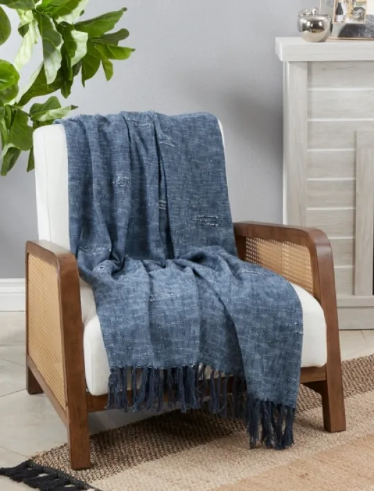 Kirkland's Home Denim With Fringe Throw Blanket- Blankets & Throws