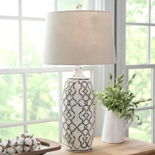 Kirkland's Home Distressed Cream Lilly Table Lamp- Table Lamps