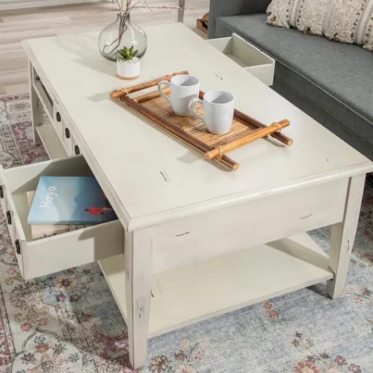 Kirkland's Home Distressed Cream Wood 3-Drawer Coffee Table- Coffee Tables