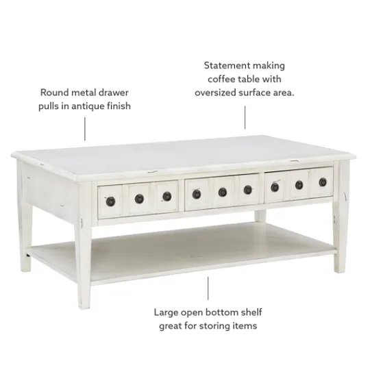 Kirkland's Home Distressed Cream Wood 3-Drawer Coffee Table- Coffee Tables
