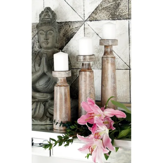 Kirkland's Home Distressed Mocha Mango Wood Candlesticks, Set Of 3- Candle Holders