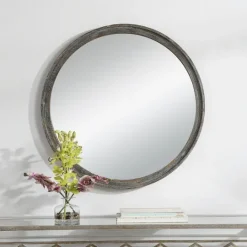 Kirkland's Home Distressed Slate Blue Wooden Round Wall Mirror- Framed Mirrors