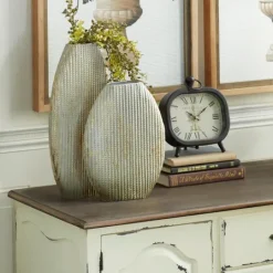 Kirkland's Home Distressed White And Beige Flat Vases, Set Of 2- Vases