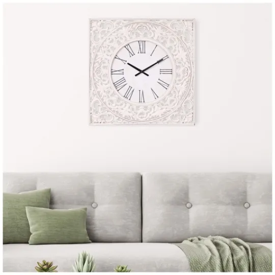 Kirkland's Home Distressed White Ornate Wood Carved Wall Clock- Clocks