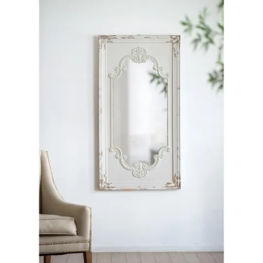 Kirkland's Home Distressed White Scroll Framed Wall Mirror- Decorative Mirrors